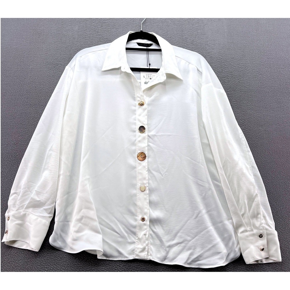 Zara Shirt Women's L White Eclectic Button Down Oversized Blouse NWT